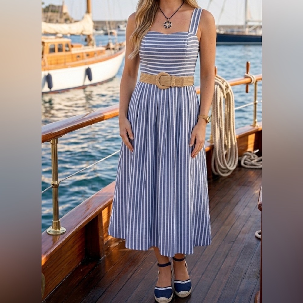 Blue and White Striped Sleeveless Midi Dress with Woven Belt